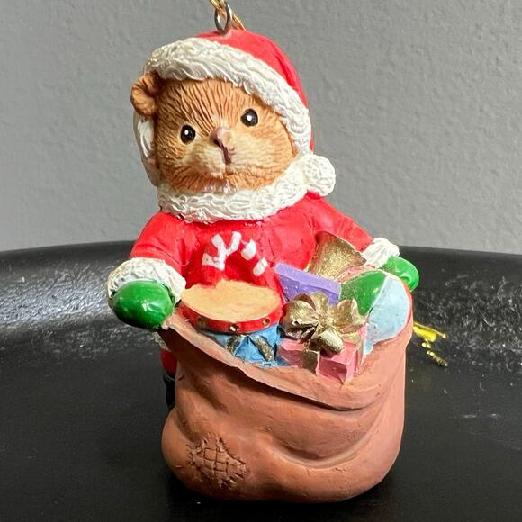 Red White Enesco 2 1/2" Santa Bear with Bag Figurine Ornament - Picture 1 of 8